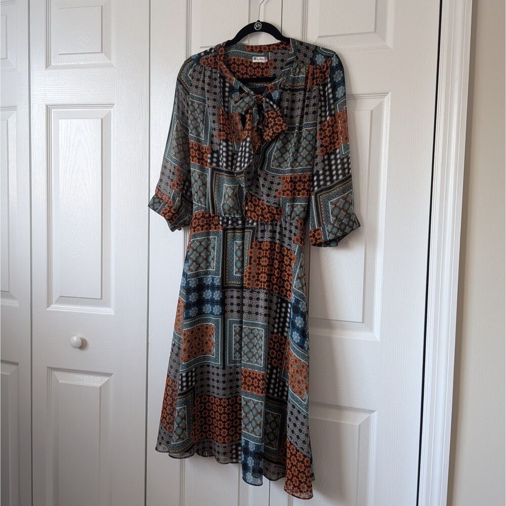 Kut from the Kloth Patchwork Midi Dress Quarter Sleeve Bohemian Size 10